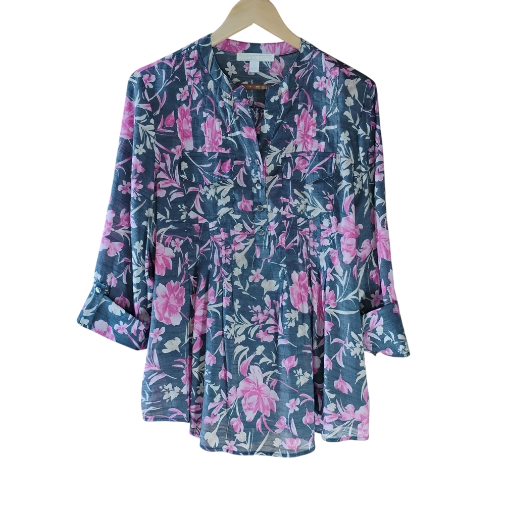 Juniper and Lime Grey And Pink Women's Tunic - Lightweight Button-Neck SzL